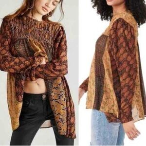 Free People Merrie Mixed Print Tunic Top Long Sleeve Smocked Boho
